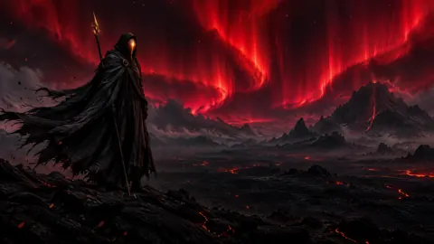 Hooded Sentinel Beneath Crimson Aurora