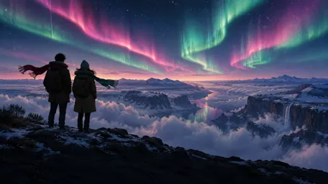 Travelers Under Pink Auroras