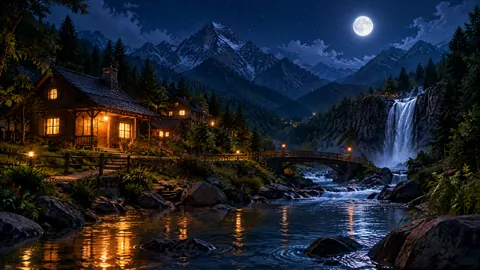 Moonlit Mountain Village Waterfall
