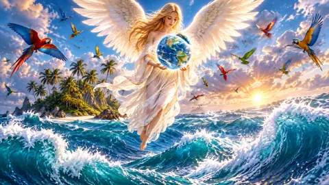 Angel Holding Earth Above Waves