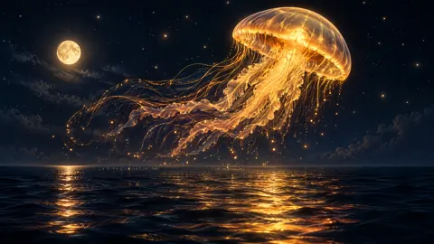 Glowing Amber Jellyfish Moonlit Ocean