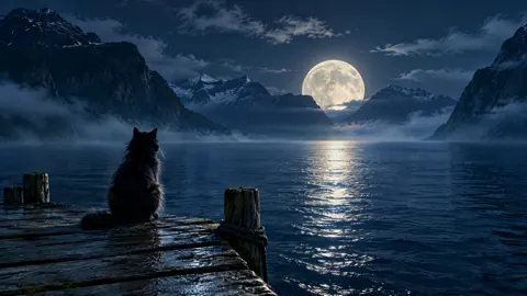Black Cat on Moonlit Pier