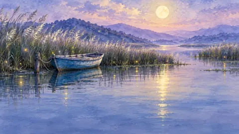 Blue Rowboat Under Full Moon