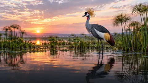 Grey Crowned Crane at Sunrise