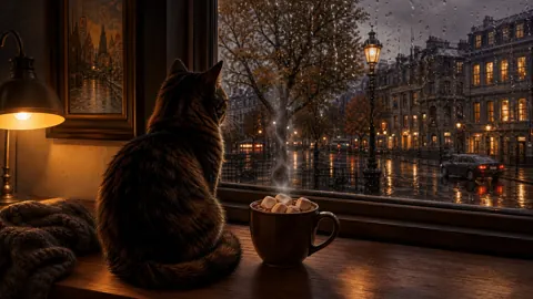 Cat Watching Rainy Street