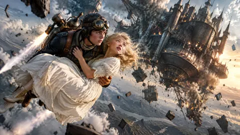 Steampunk Pilot Escaping Flying Castle
