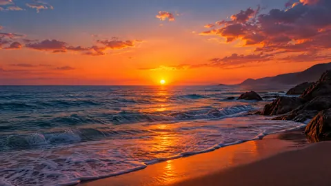 Orange Sunset Over Rocky Shore