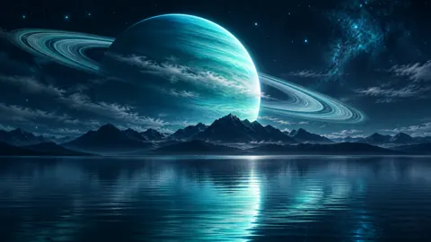 Turquoise Ringed Planet Over Lake