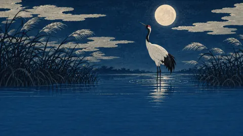 Red-Crowned Crane Under Moon