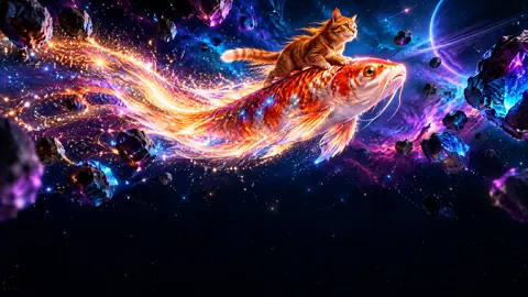 Orange Cat Riding Space Koi
