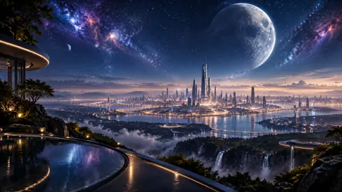Futuristic Bay City Under Giant Moon