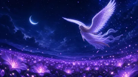 Angel Above Purple Flowers