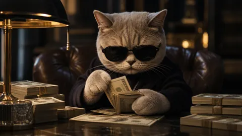 Cat Counting Cash at Desk