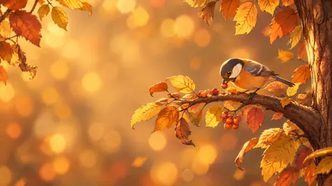 Songbird Pecks Red Berries