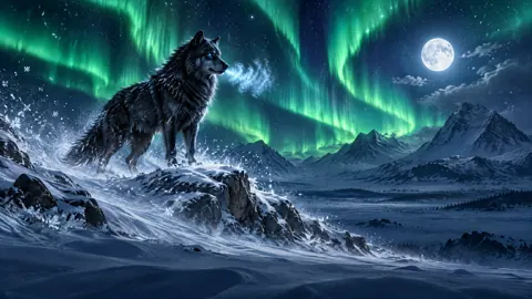 Black Wolf Under Aurora