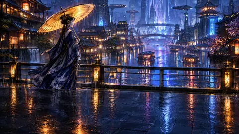 Traveler With Glowing Umbrella