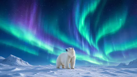 Polar Bear Under Northern Lights