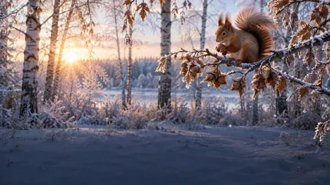 Red Squirrel on Hazelnut Branch