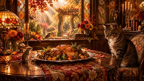 Tabby Cat at Autumn Feast