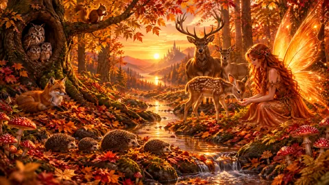 Fairy Feeding Fawn by Stream