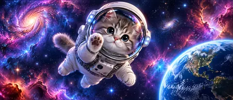 Astronaut Kitten Reaching Toward Earth