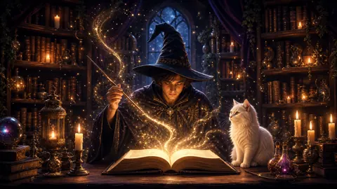Wizard Casting in Candlelit Library
