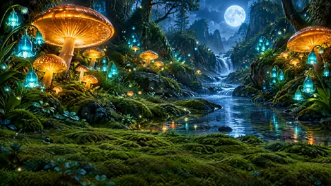 Moonlit Ravine With Giant Mushrooms