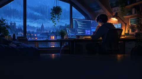 Programmer With Cat in Rain