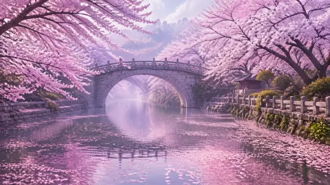 Cherry Blossom River and Stone Bridge