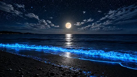 Bioluminescent Waves Under Full Moon