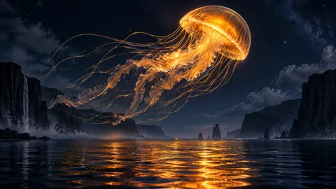 Glowing Jellyfish Above Volcanic Lagoon