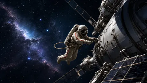 Soviet Cosmonaut Repairing Space Station