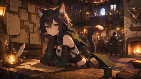 Catgirl Adventurer at Guild Table