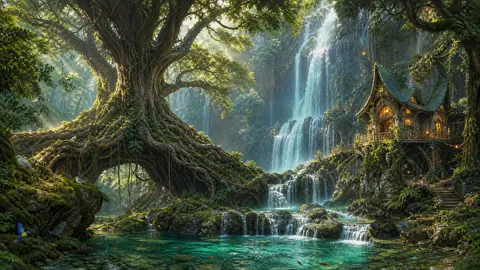 Elven Treehouse Waterfall Forest