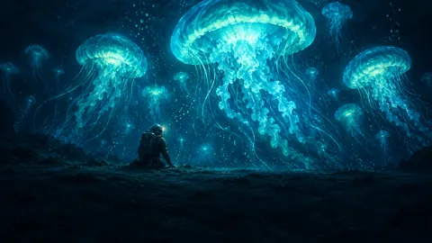 Explorer Beneath Giant Jellyfish