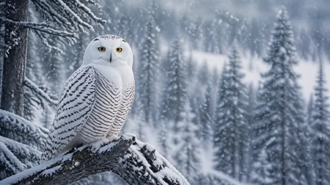Snowy Owl in Winter Forest