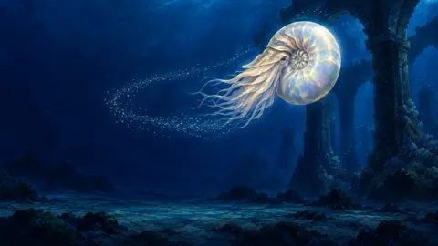 Luminous Nautilus Among Stone Arches