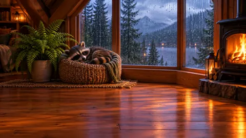 Sleeping Raccoon by Rainy Window