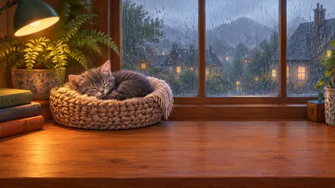 Sleeping Kitten by Rainy Window