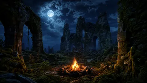 Moonlit Mossy Ruins Campfire