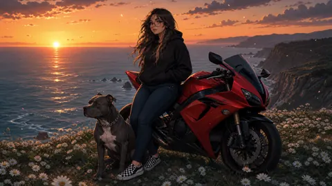 Woman With Motorcycle and Pit Bull