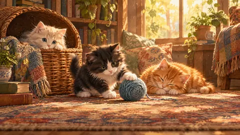 Kittens in a Sunny Reading Nook
