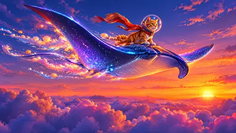 Cat Riding Space Manta Ray