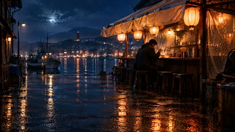 Traveler at Rainy Harbor Stall