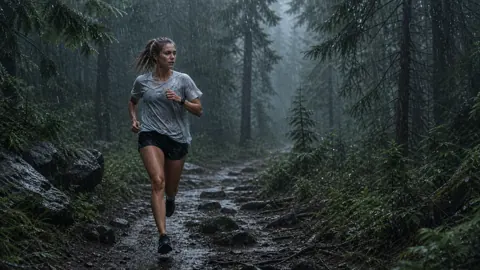 Woman Runner on Rainy Trail