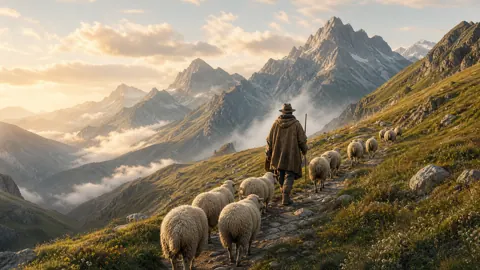Shepherd With Sheep at Sunset