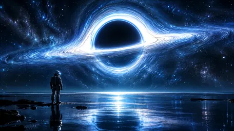 Astronaut Beneath Blue-White Black Hole