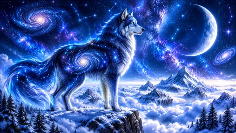 Celestial Wolf Above Snowy Peaks
