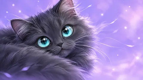 Gray Cat Under Lavender Stars