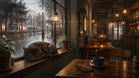 Sleeping Tabby in Cafe Window
